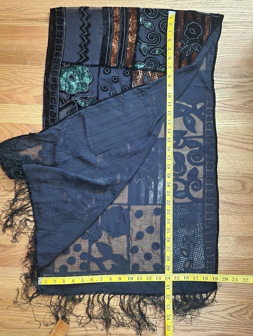 Black Sheer Embroidered Fringe Shawl Scarf
